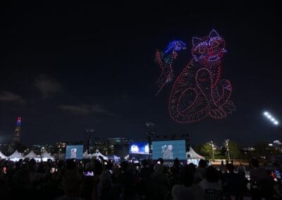 A crowd watches a mesmerizing nighttime drone show, with drones forming a cat and a fish in the sky above an outdoor event.