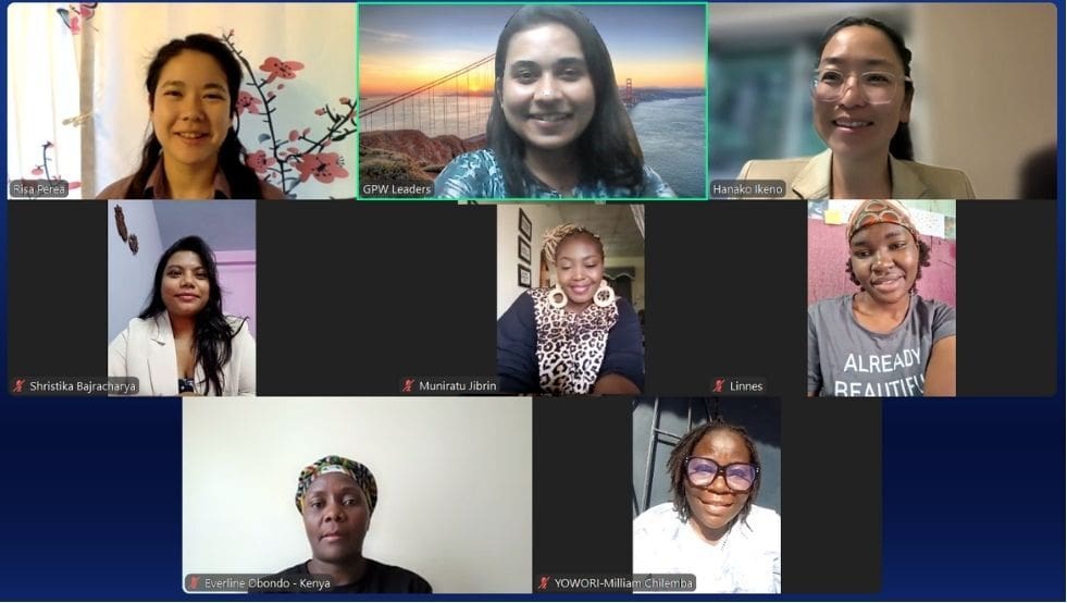 A screenshot of a virtual meeting with eight women, each in their own video window, smiling at the camera—ordinary women uniting for the Korean Dream.