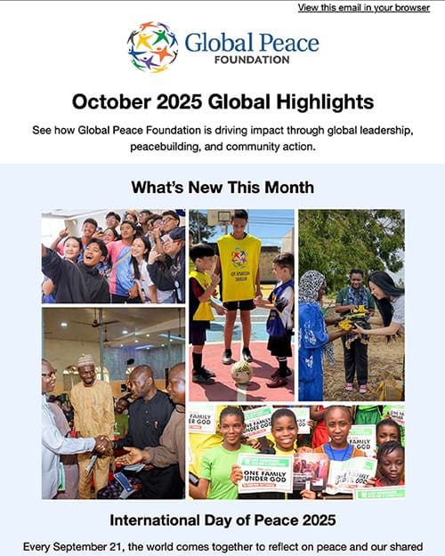 A collage of people from diverse backgrounds participating in community and peace activities, under the banner of the Global Peace Foundation's October 2025 highlights.