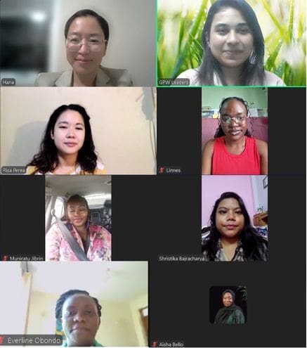 A screenshot of a virtual meeting with eight women participating, each in their own video window, their names displayed—highlighting unity and collaboration.