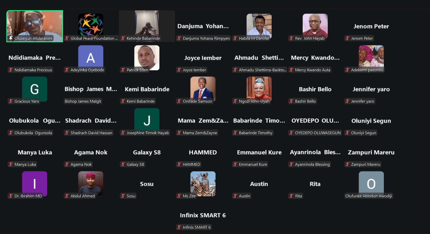 Screenshot of a Zoom meeting featuring 35 participants from GPF Nigeria, each displayed in individual boxes with names and profile photos or initials, united in a discussion on the Sanctity of Life and building a Peaceful World.