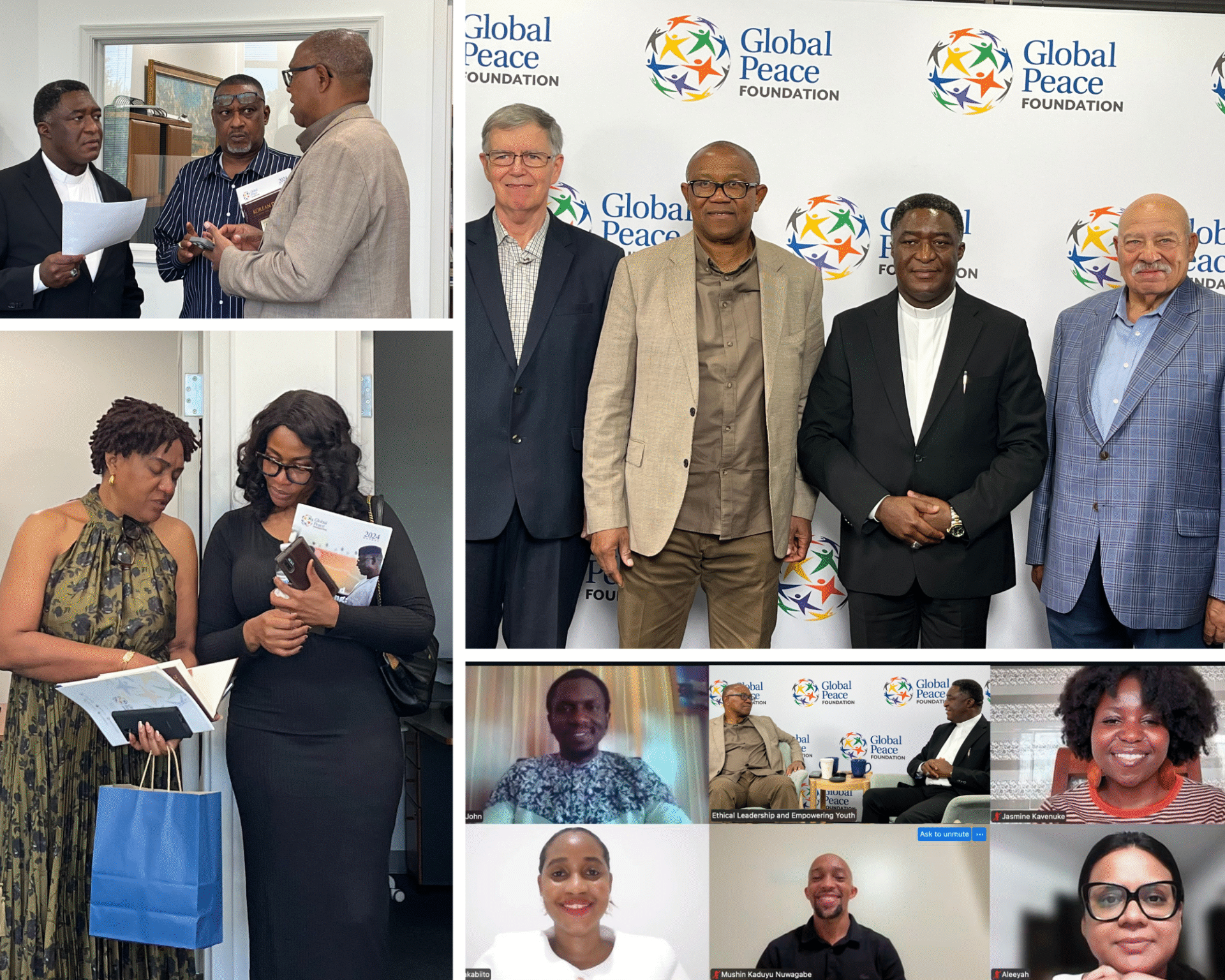A collage shows people at a Global Peace Foundation event, including group photos, conversations, and a virtual meeting with participants on video call—highlighting the spirit of the Africa Renaissance in fostering unity and collaboration.
