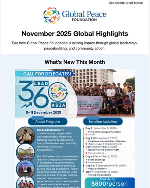 Screenshot of a newsletter titled "November 2025 Global Highlights" from the Global Peace Foundation, featuring event details for Lead360 Asia, including dates, activities, and registration info.