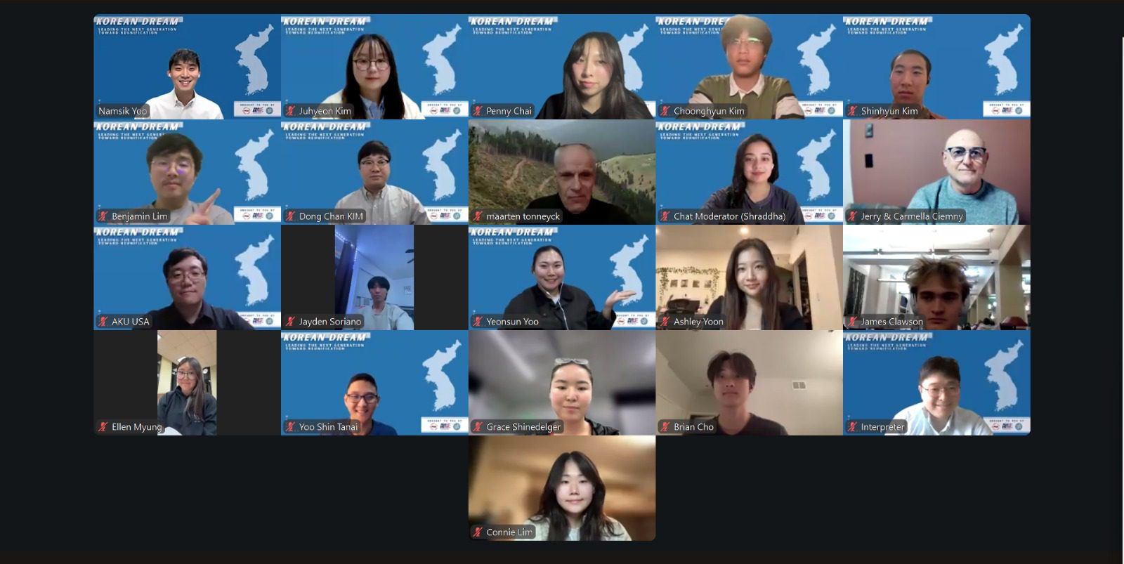 A screenshot of a virtual meeting with 21 participants, each shown in individual video frames against a blue Korea map background, reflecting the spirit of the Korean Dream.