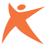 Solid orange abstract figure with outstretched arms and legs on a white background, resembling a person in motion.