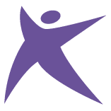 Purple abstract human figure with outstretched arms and legs on a white background.