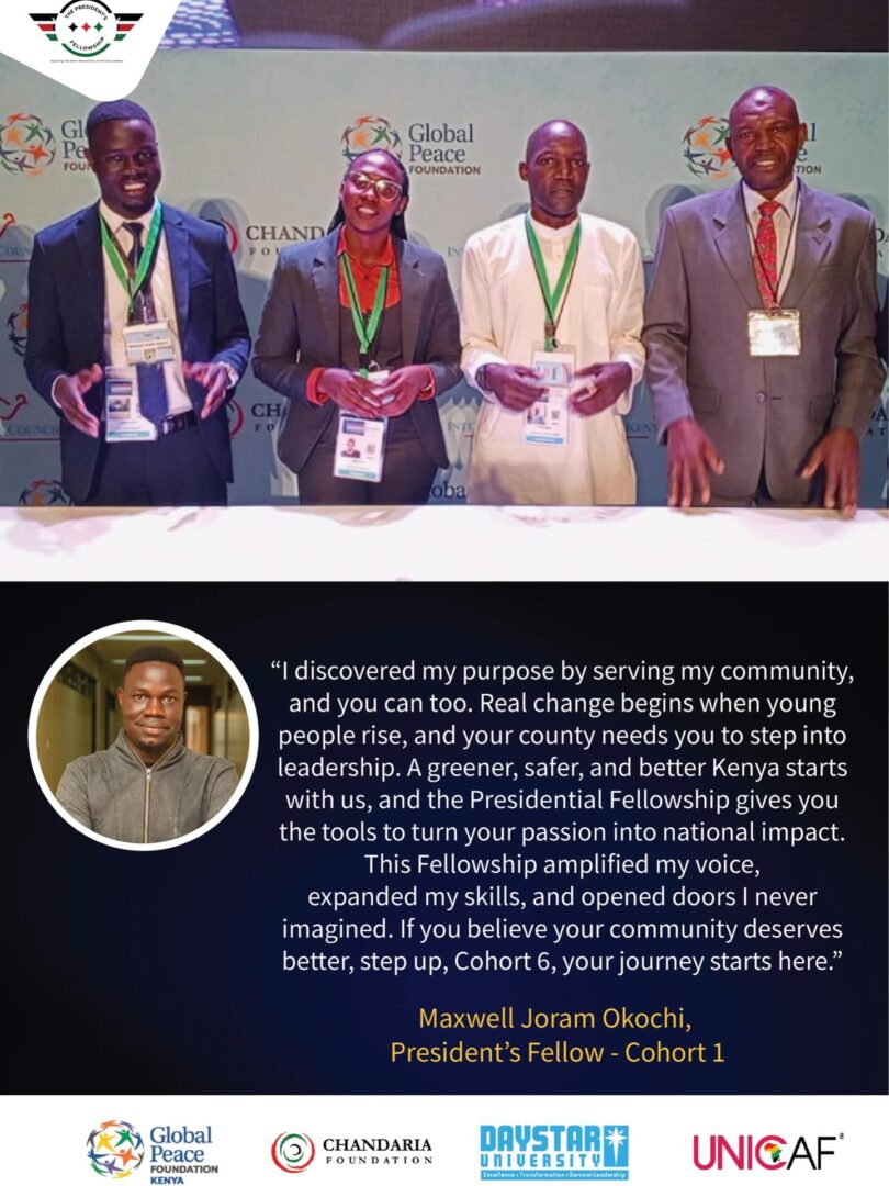 Four men in suits stand behind a table at a conference event. An inset shows Maxwell Joram Okochi with a quote on leadership and the President’s Fellowship. Logos, including the Change Makers in Kenya and Chandaria Legacy Awards, are visible.
