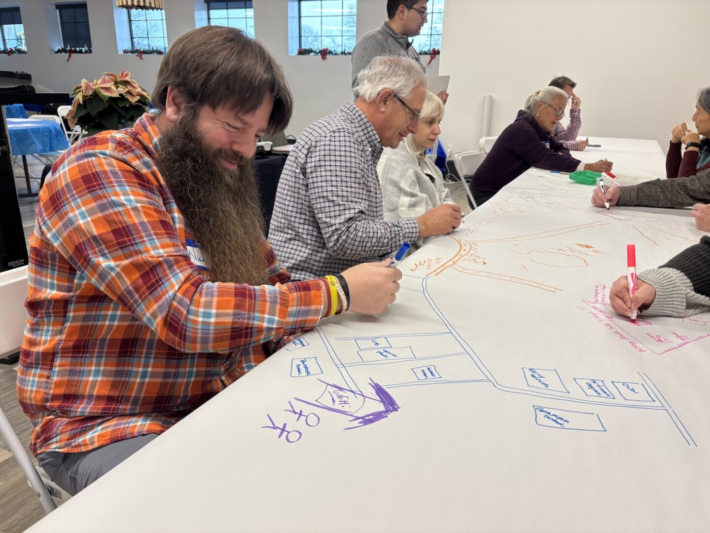 People sitting around a table draw and write on a large sheet of paper with markers during a group activity at the Montana Global Peace Forum in a bright room.