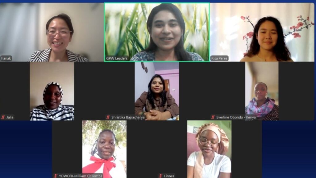 A group of women on a video call shares their ideas and ambitions, inspiring each other to Women Dream Big for a more peaceful world.