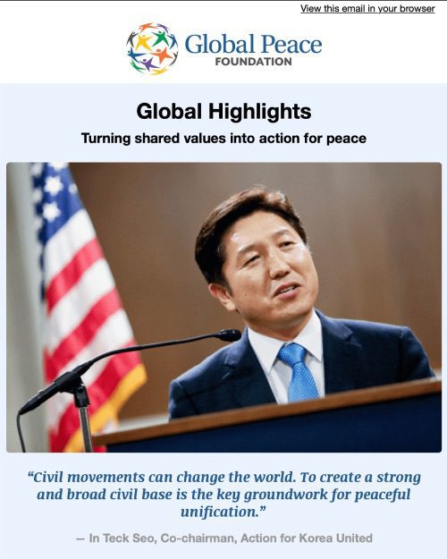 A group of women stand together, smiling and stacking hands, under a banner for Global Peace Foundation's International Day of Women event.