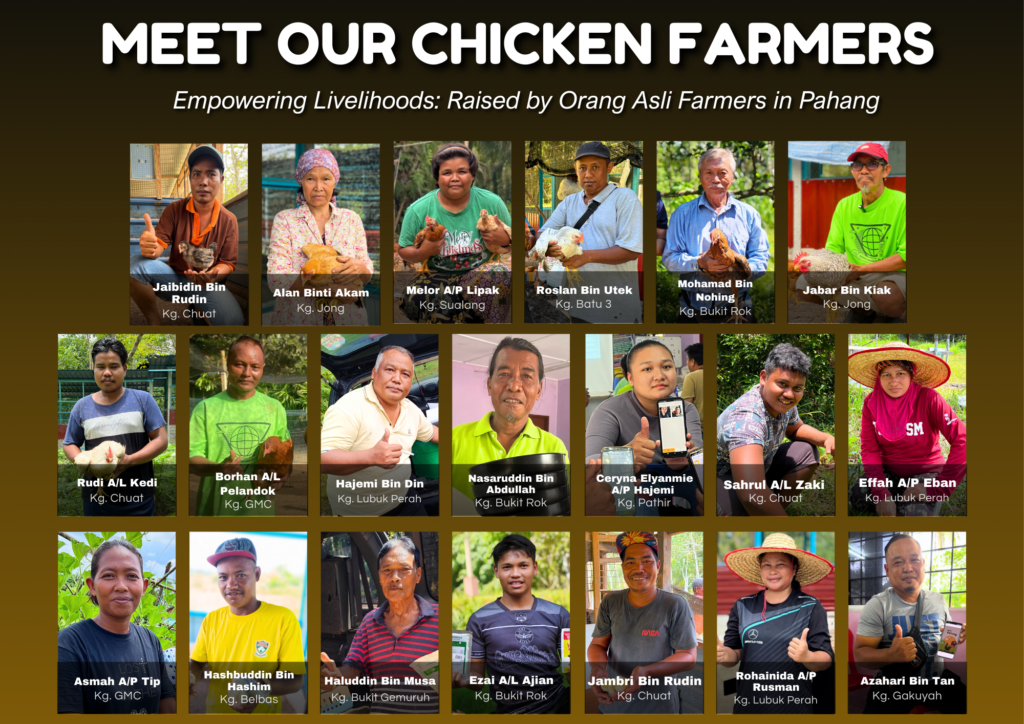 Grid of 17 Orang Asli chicken farmers from Pahang, highlighted for their Moringa chicken farming practices with GPF Malaysia, each holding chickens or standing in farm settings, names and farm locations labeled below their photos, showcasing community resilience.