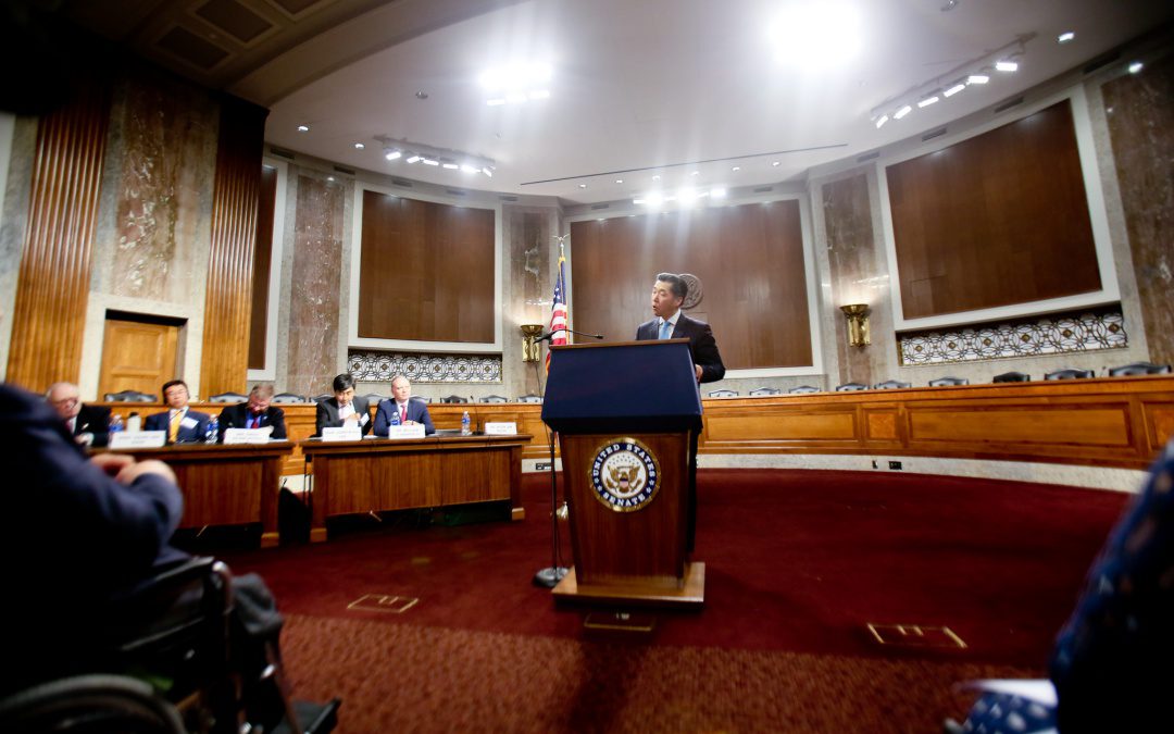 A person stands at a podium speaking in a large, formal government hearing room with panelists seated at a long table.