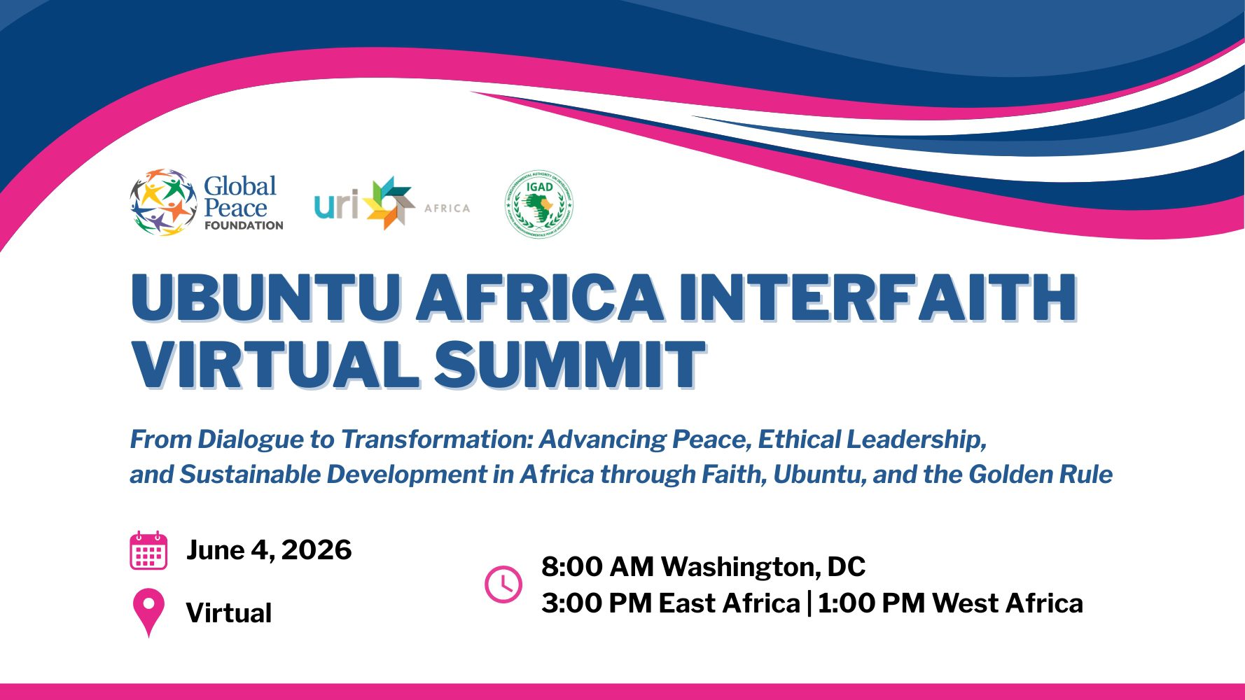 Event poster for "Ubuntu Africa Interfaith Virtual Summit 2026" on June 4, with times for Washington, East Africa, and West Africa. Hosted online by several organizations and uniting the Africa Diaspora.