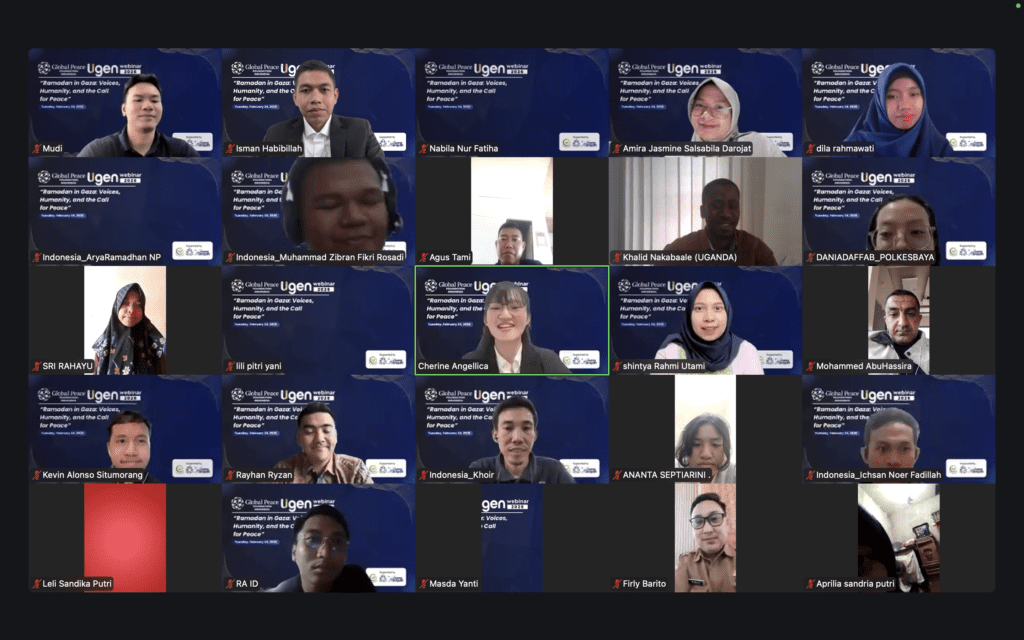 Screenshot of a virtual meeting for a Webinar Ramadan Gaza, featuring multiple participants in individual video frames against a blue background displaying names and event information.
