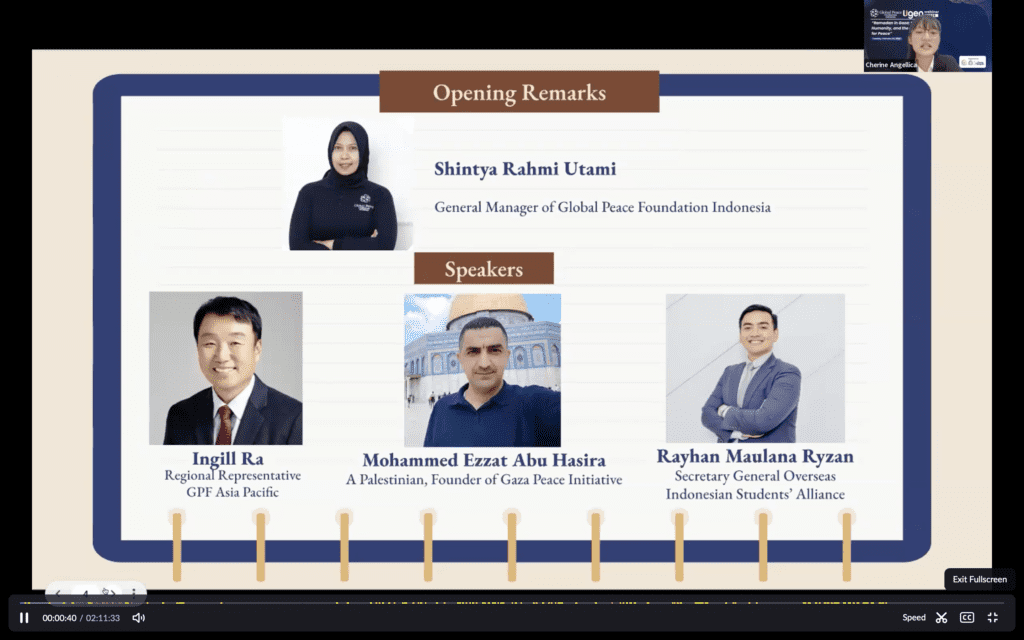 A Webinar Ramadan Gaza slide shows opening remarks by Shintya Rahmi Utami and speakers Ingil Ra, Mohammed Ezzat Abu Hasira, and Rayhan Maulana Ryzan, along with their titles and photos.
