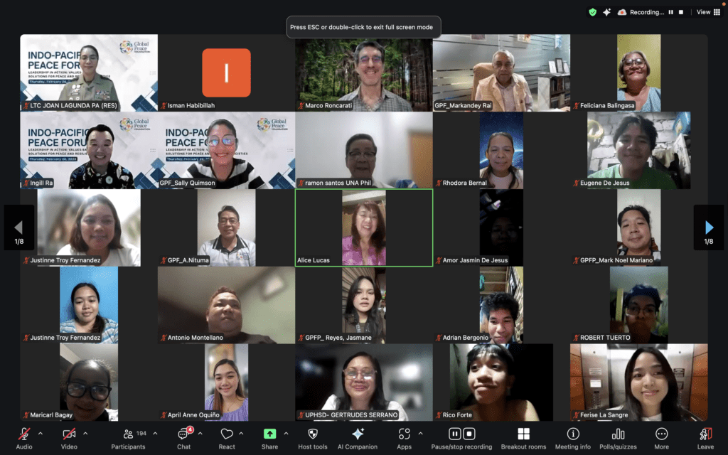 Screenshot of a Zoom meeting with 25 participants, each visible in individual video windows, including a mix of men and women—among them a Palestinian activist—some smiling and some neutral, sharing humanitarian voices.