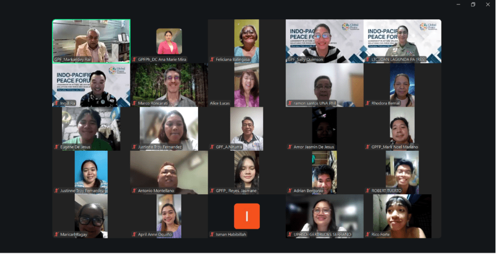 Screenshot of a virtual meeting with multiple participants, each in their own video frame, and a recording icon visible at the bottom center during the Indo-Pacific Peace Forum focused on Values-Based Leadership.