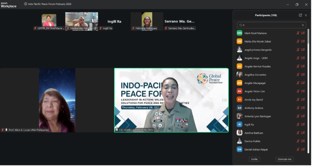 Screenshot of a virtual meeting with multiple participants, featuring a speaker in military uniform presenting on Values-Based Leadership at the Indo-Pacific Peace Forum 2025.