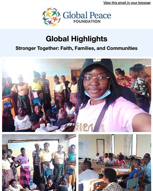 May 2026 vol.1-1 A collage of people gathered in classrooms and meeting rooms, part of a Global Peace Foundation event focused on faith, families, and communities.