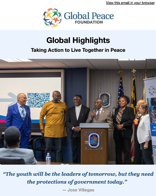 May-2026-vol.2 A group of people stand together on a stage at a Global Peace Foundation event, with a speaker at a podium and a quote about youth leadership displayed below.