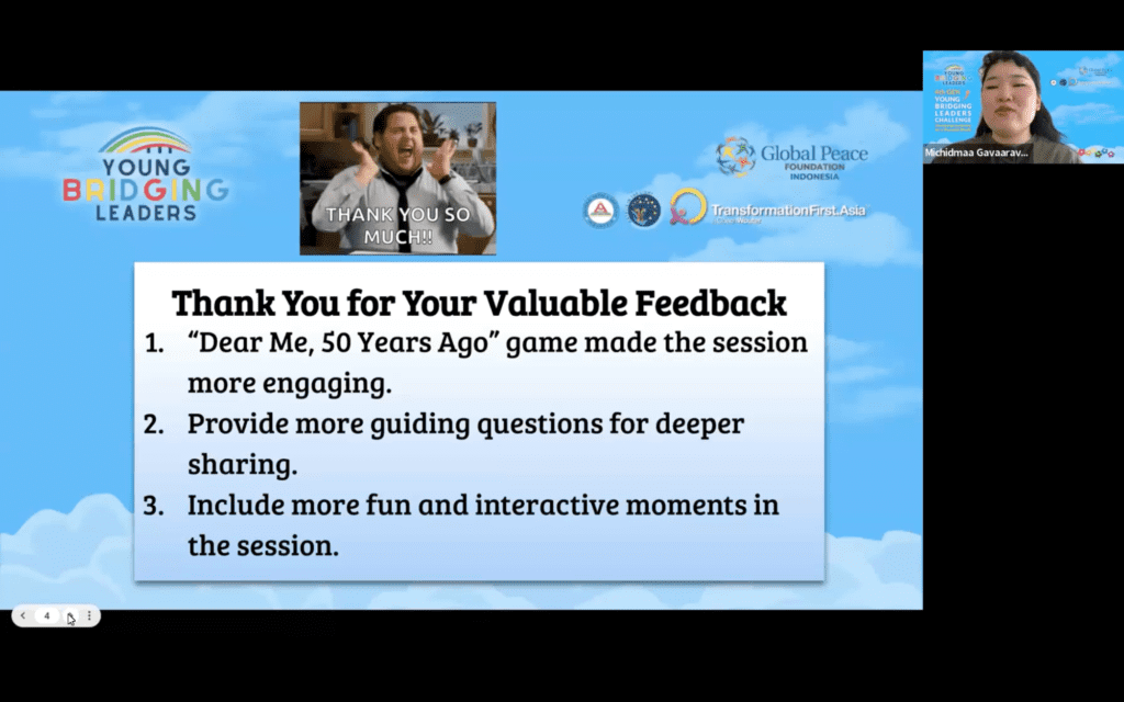 Screenshot of a virtual meeting slide displaying feedback on a Youth Leadership session, with a thank you meme, participant video, and logos for Global Peace, Transformasi Untuk Asia, and the Young Bridging Leaders Challenge in Indonesia.