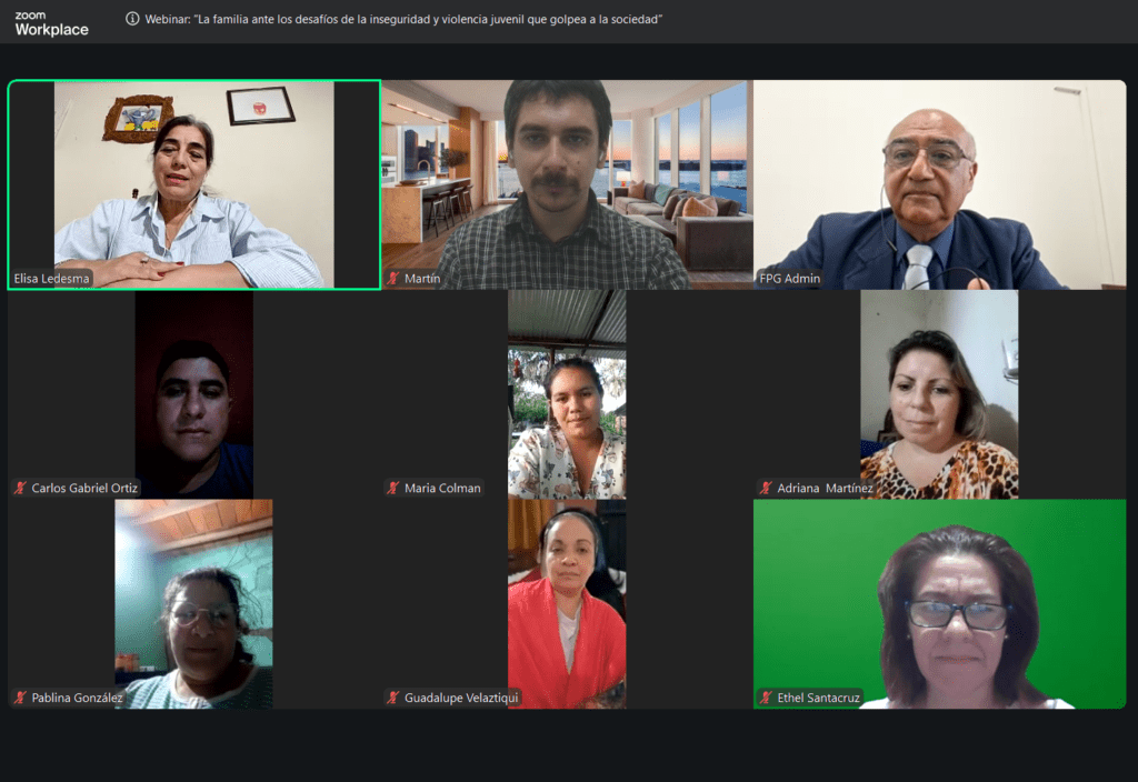 A Zoom meeting with ten participants, each in their own video window, attending a webinar titled