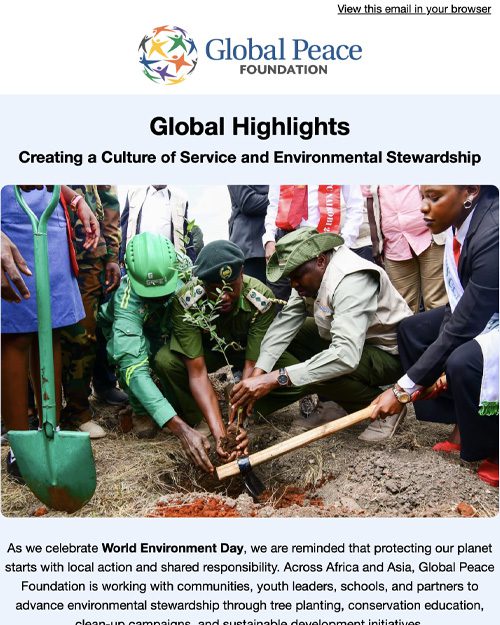 A group of people, including uniformed individuals, plant a tree together at an outdoor event promoting environmental stewardship.