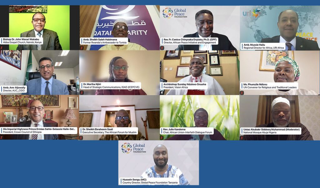 A virtual conference screenshot shows thirteen participants, each in individual video call windows, with various organizational logos and name labels visible during the Ubuntu Africa Interfaith Virtual Summit focused on ethical leadership and peace.